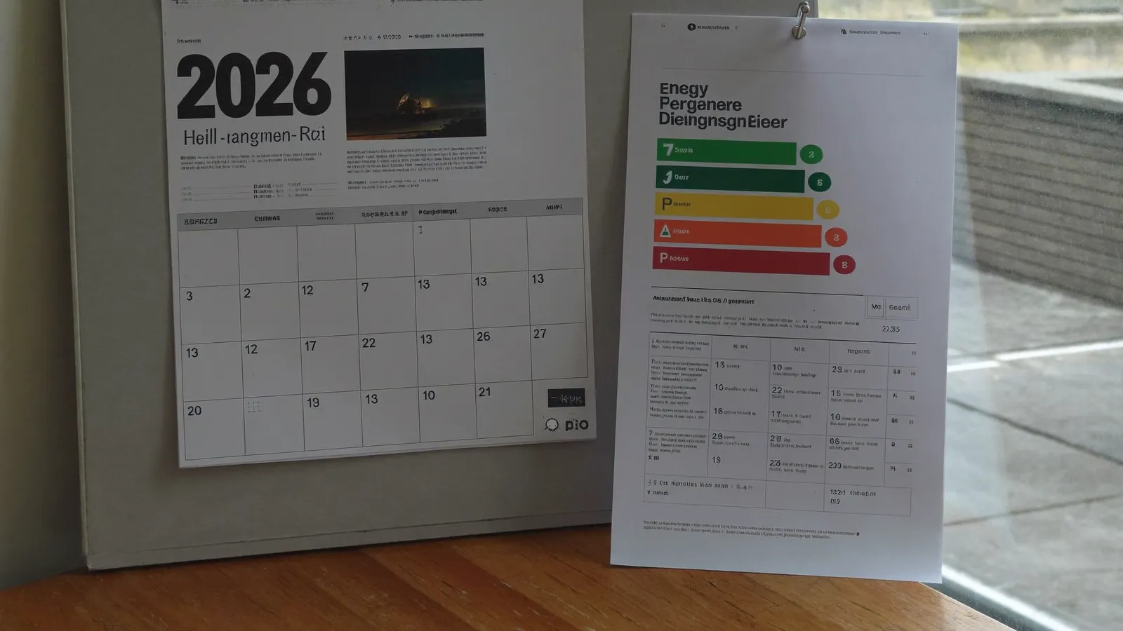 Calendrier 2026 posé près d'un rapport de diagnostic énergétique sur un bureau